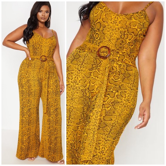 PrettyLittleThing Pants - Pretty Little Thing Snake Print Belt Wide Jumpsuit